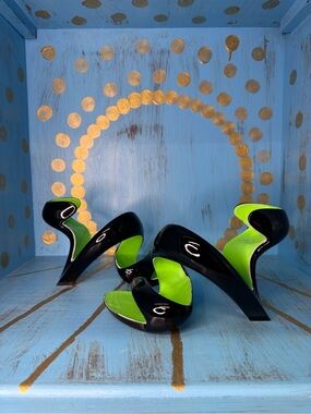 Black & Neon Green Sculptural Heels - Women Shoes
